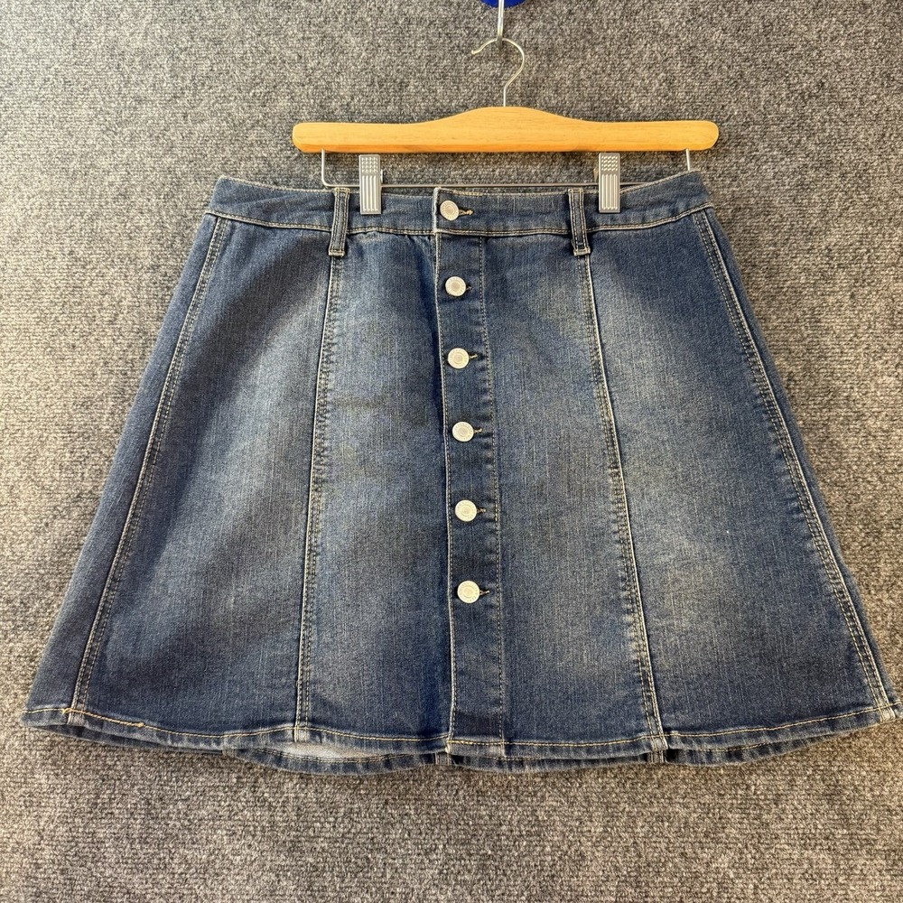 Y2K Mossimo Supply Women Size 14 Med Wash Button‎ Front Denim A-Line Mini Skirt